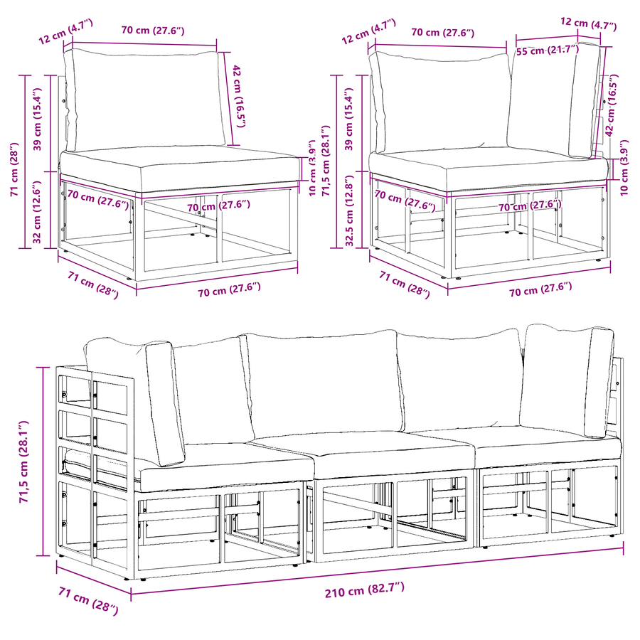 Buitenmeubelsets met kussen met kussen 3 pcs Zwart en Anthraciet