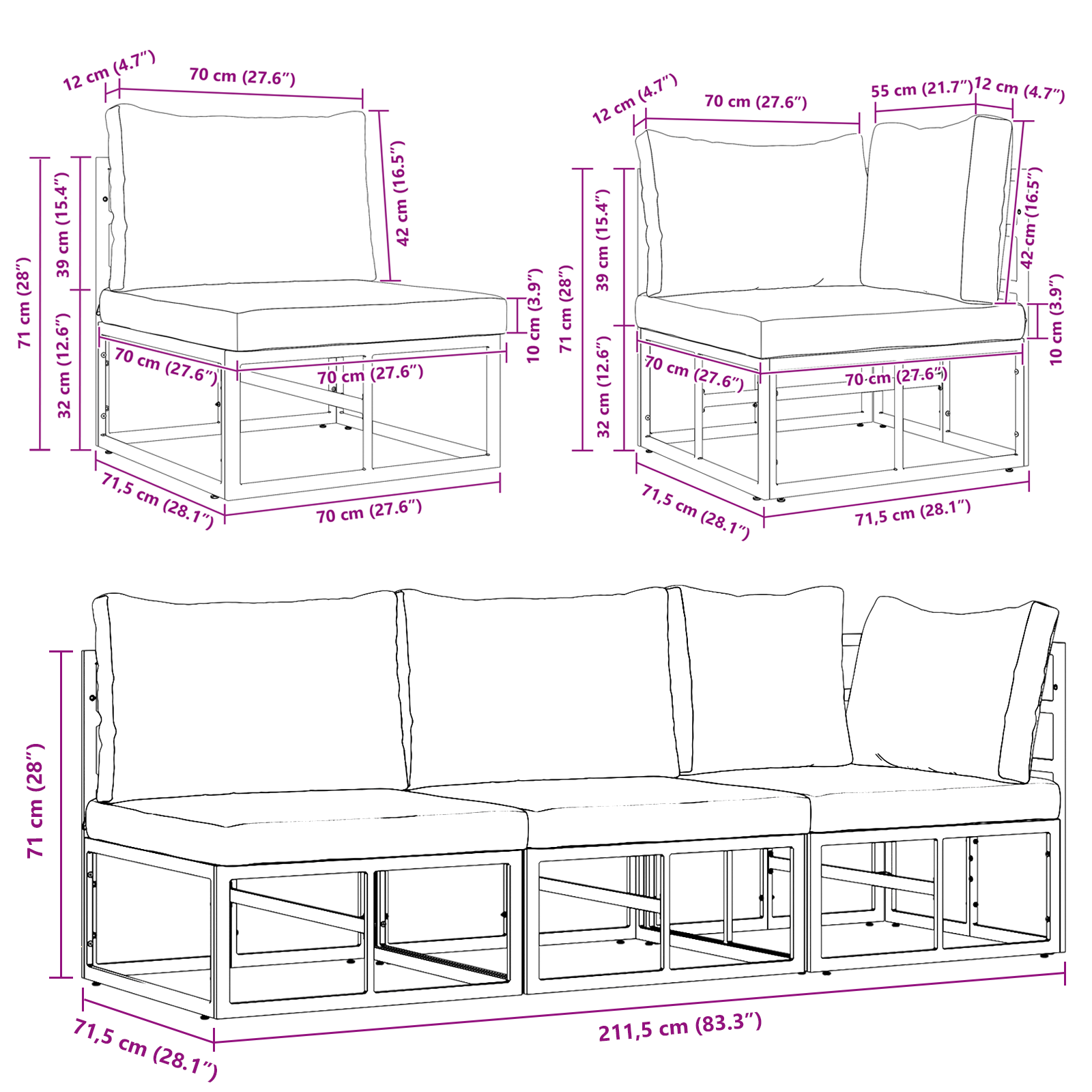 Buitenmeubelsets met kussen met kussen 3 pcs Zwart en Anthraciet