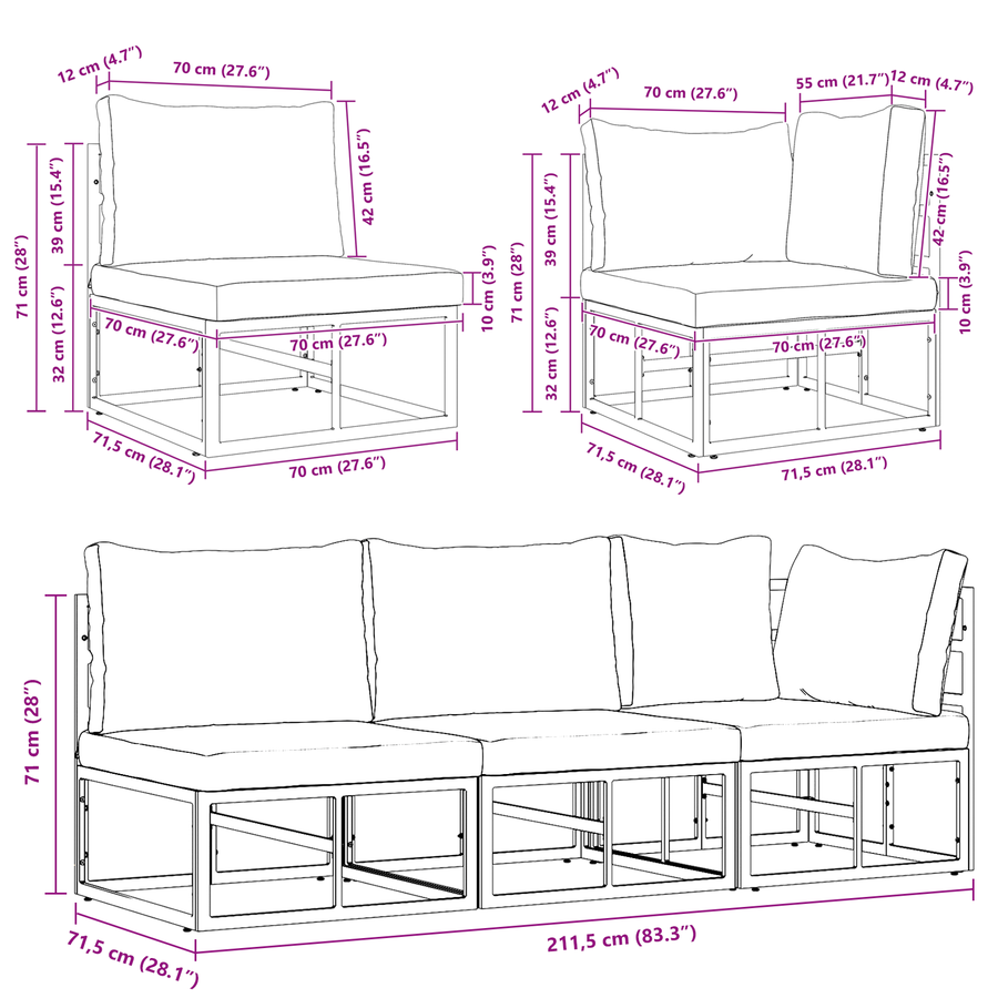 Buitenmeubelsets met kussen met kussen 3 pcs Zwart en Anthraciet