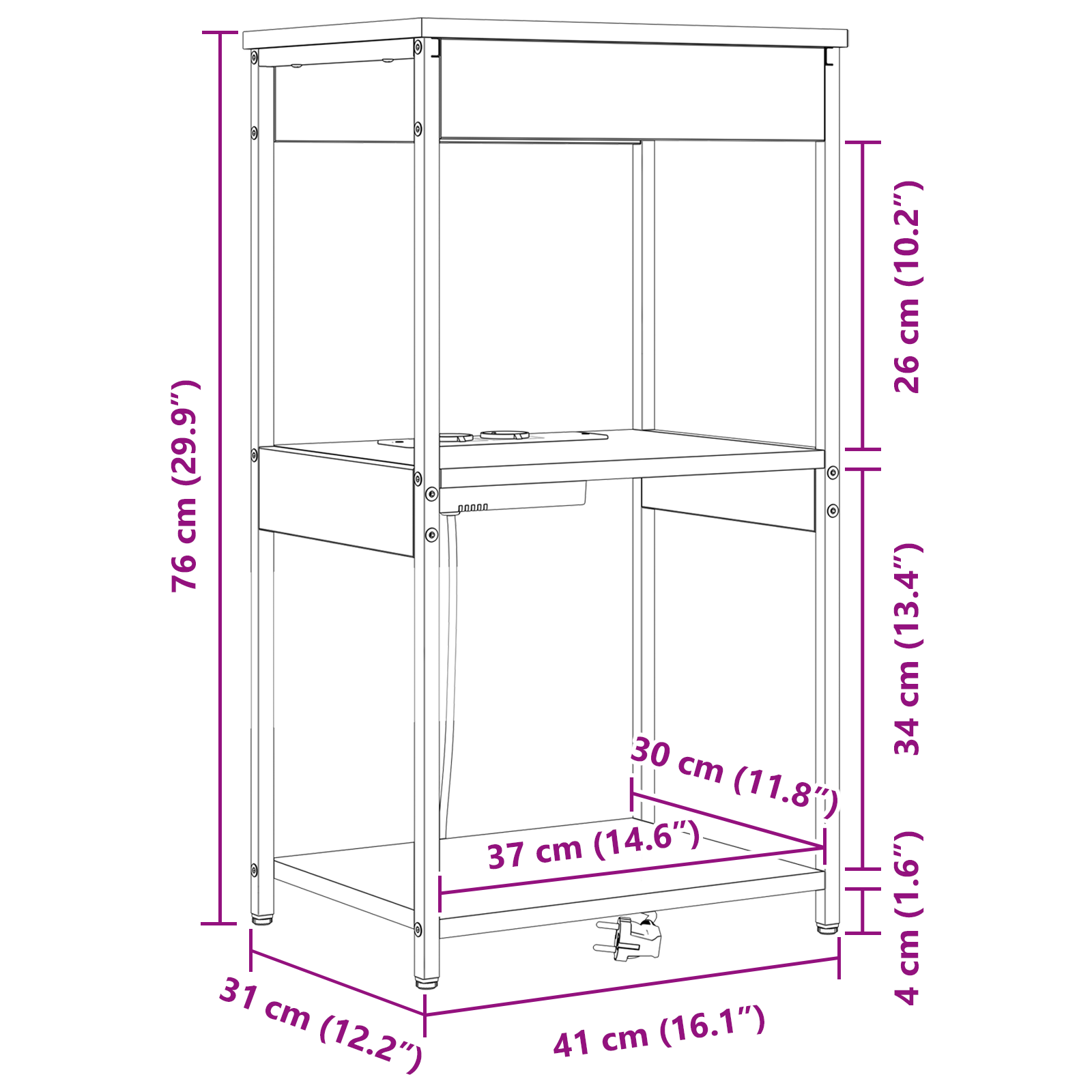 Nachtkastje met Oplaadstation Zwart eiken Bewerkt hout