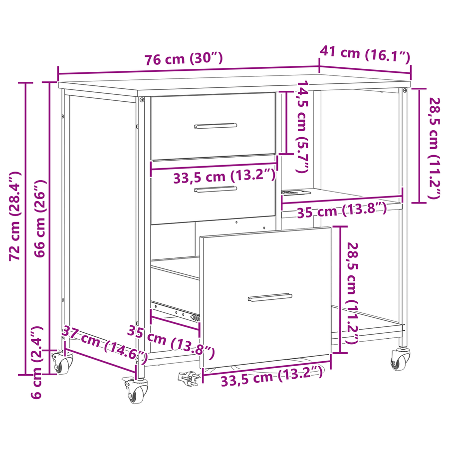 Kantoor kast met wiel Sonoma eiken 76 x 41 x 72 cm Bewerkt hout
