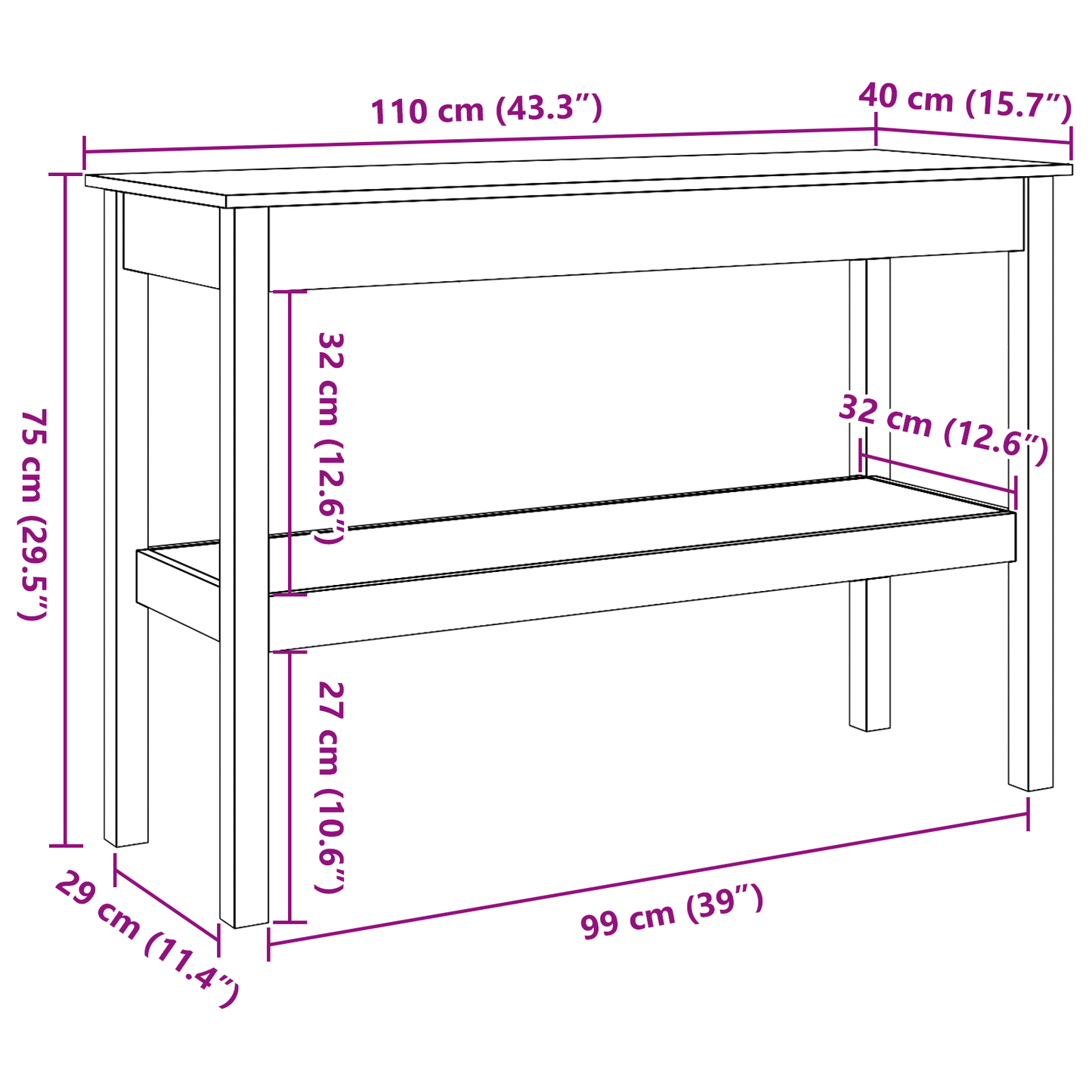 Wandtafel Wasbruin 110 x 40 x 75 cm Massief grenenhout