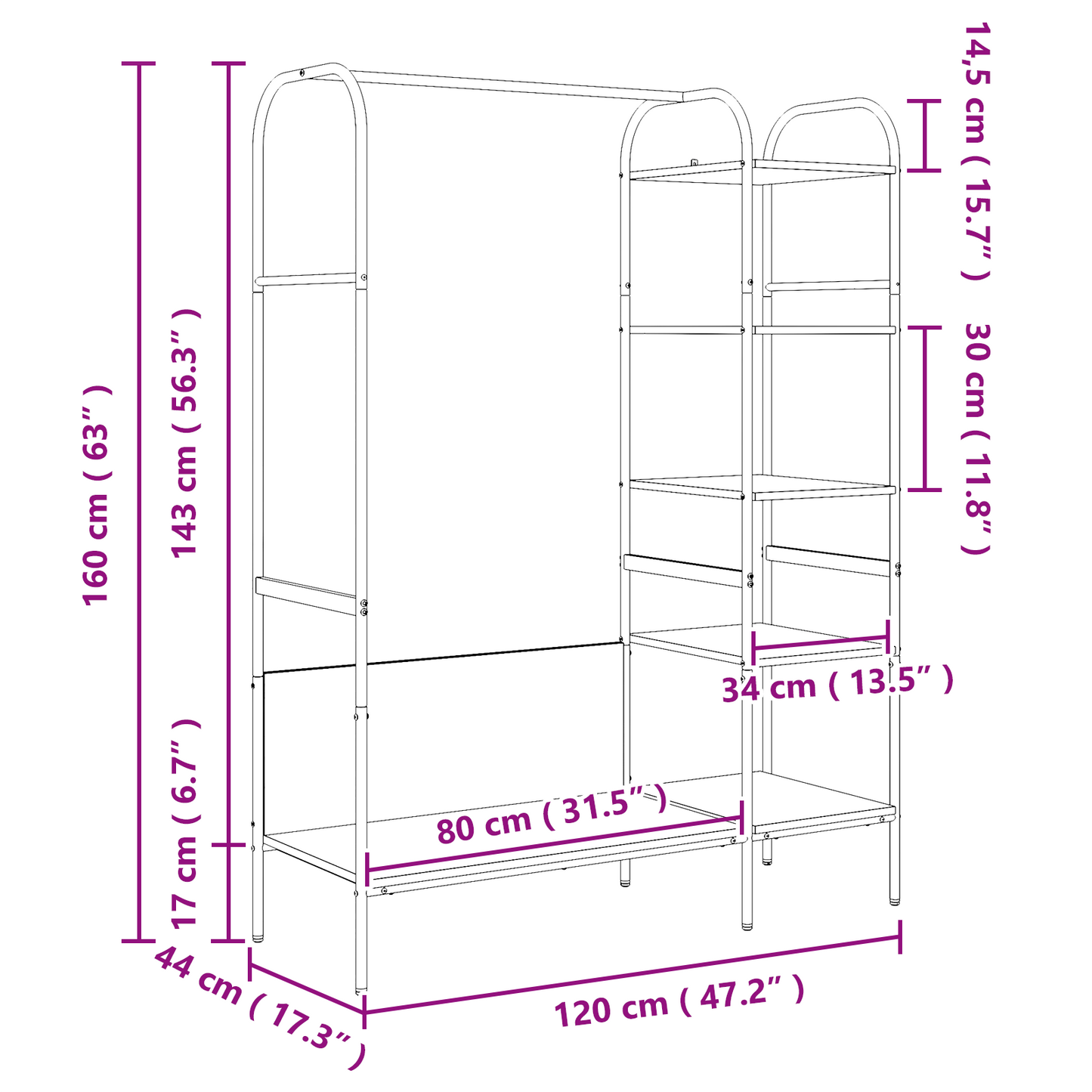 Kledingrek met Planken Zwart Eik 120x44x160 cm