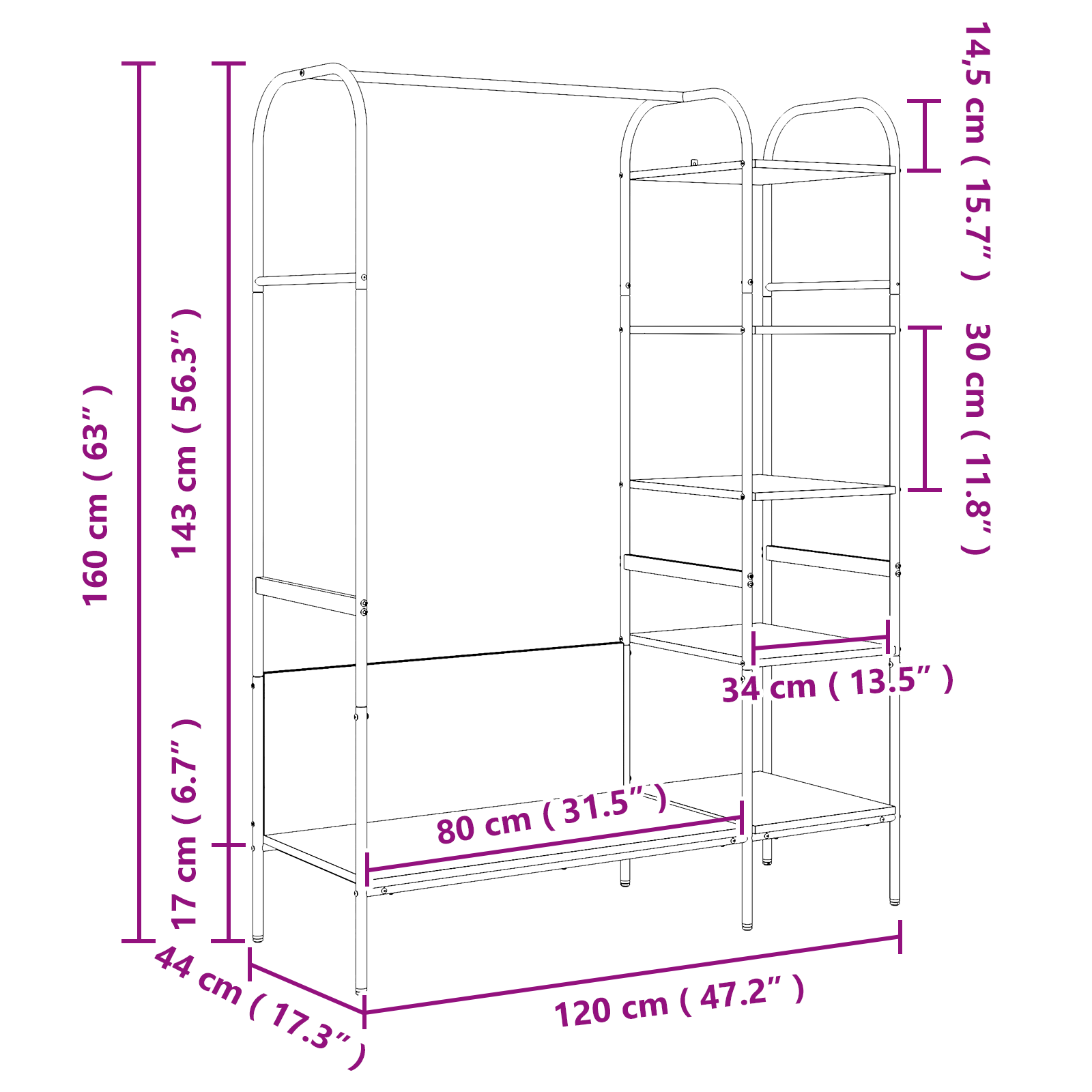 Kledingrek met Planken Zwart Eik 120x44x160 cm