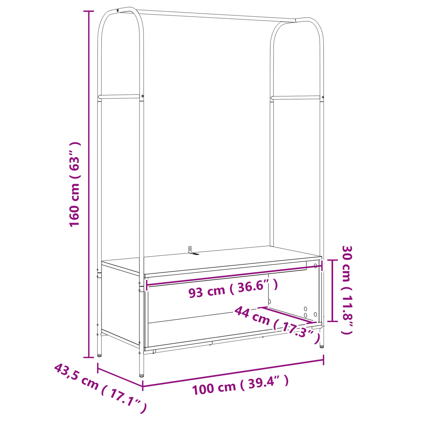 Kledingrek met planken Sonoma eik 100x44x160 cm