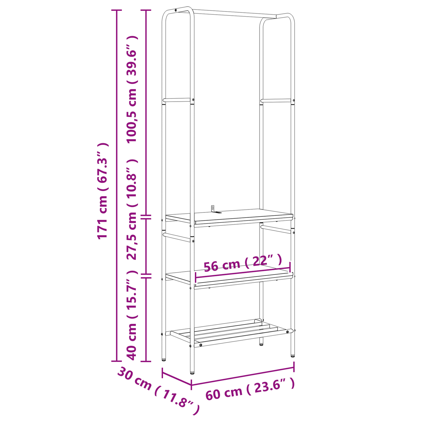 Kledingrek met planken met plank Gerookt eiken 60 x 30 x 171 cm
