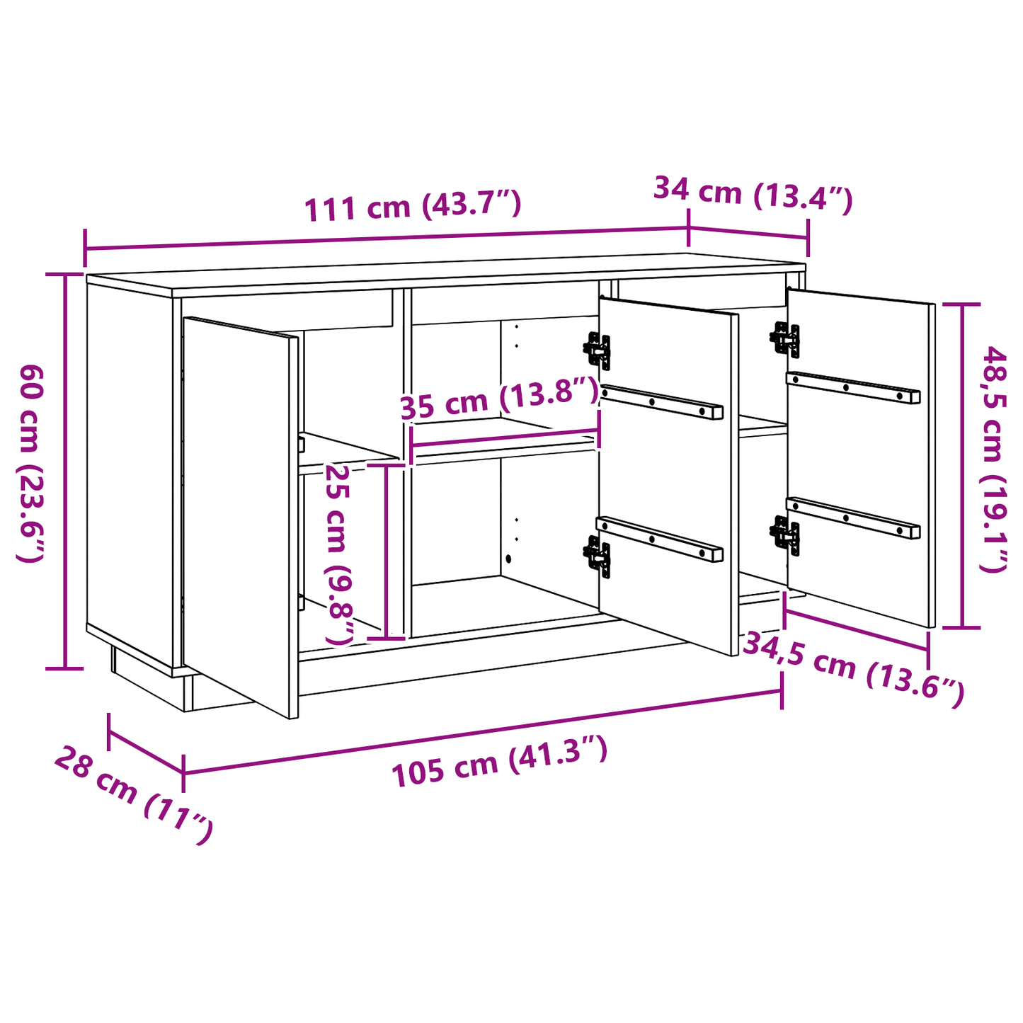 Dressoir met opslag met de deur Bruin 111 x 34 x 60 cm Massief grenenhout