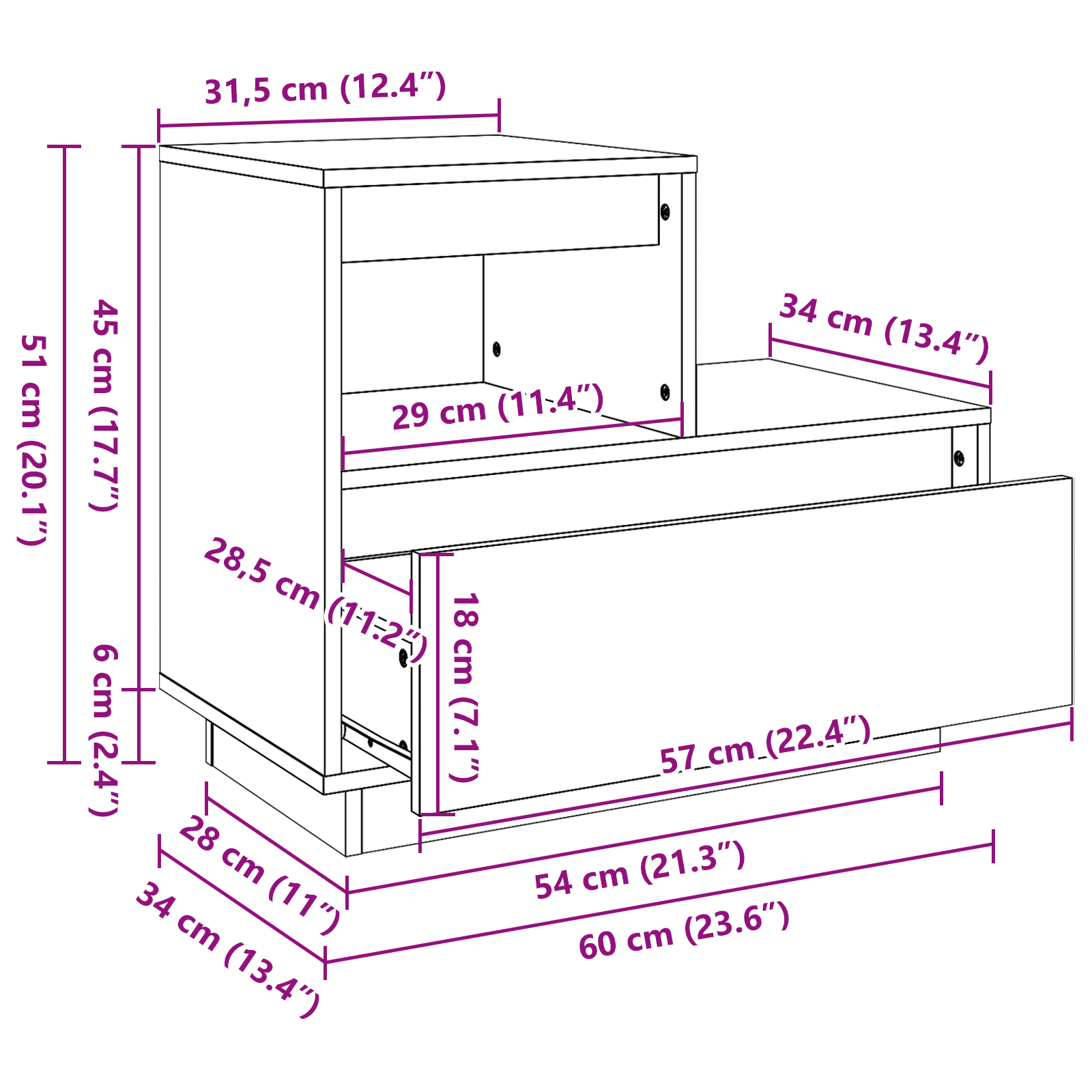 Nachtkastje Wasbruin 60 x 34 x 51 cm Massief grenenhout