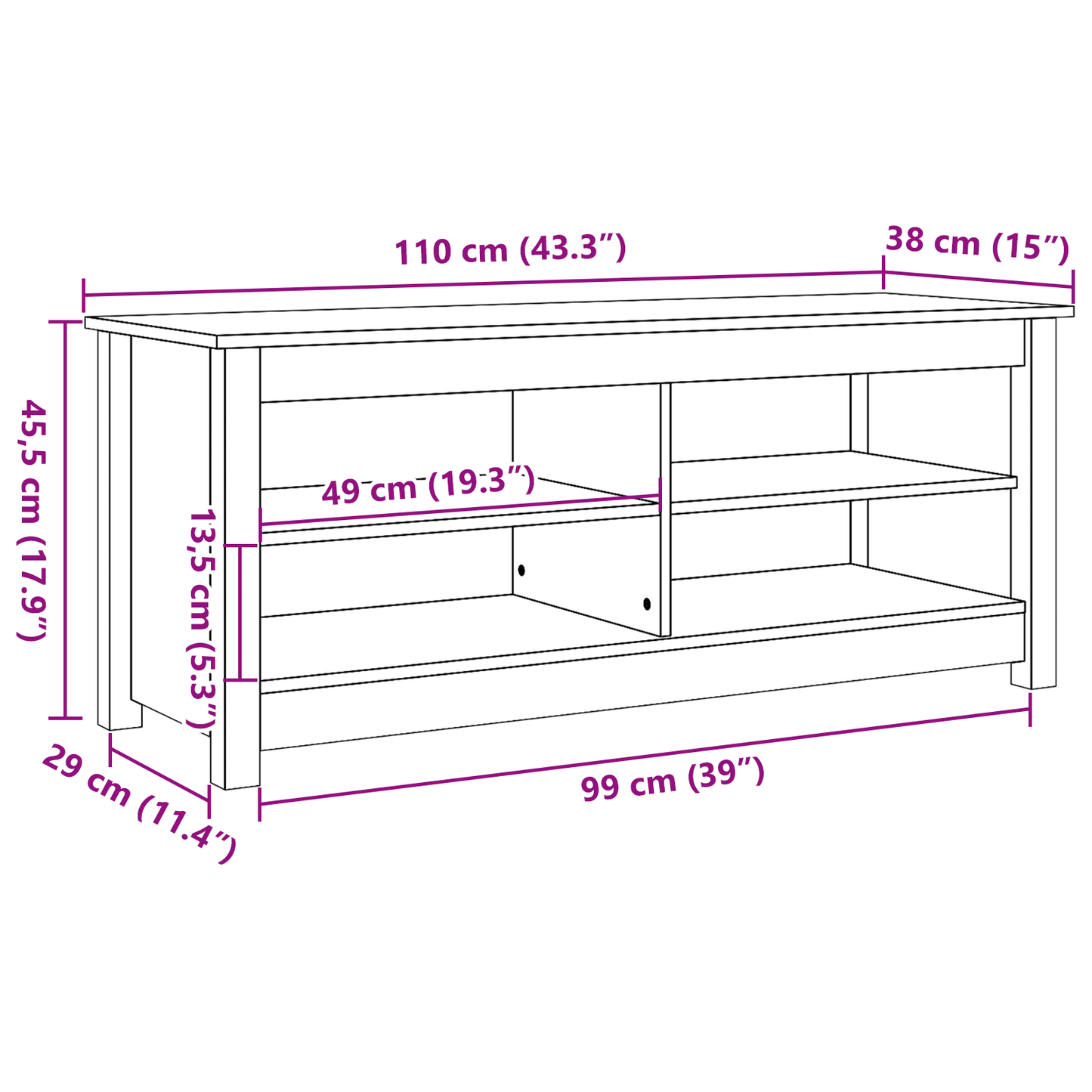 Schoenenbank Wasbruin 110 x 38 x 45.5 cm Massief grenenhout