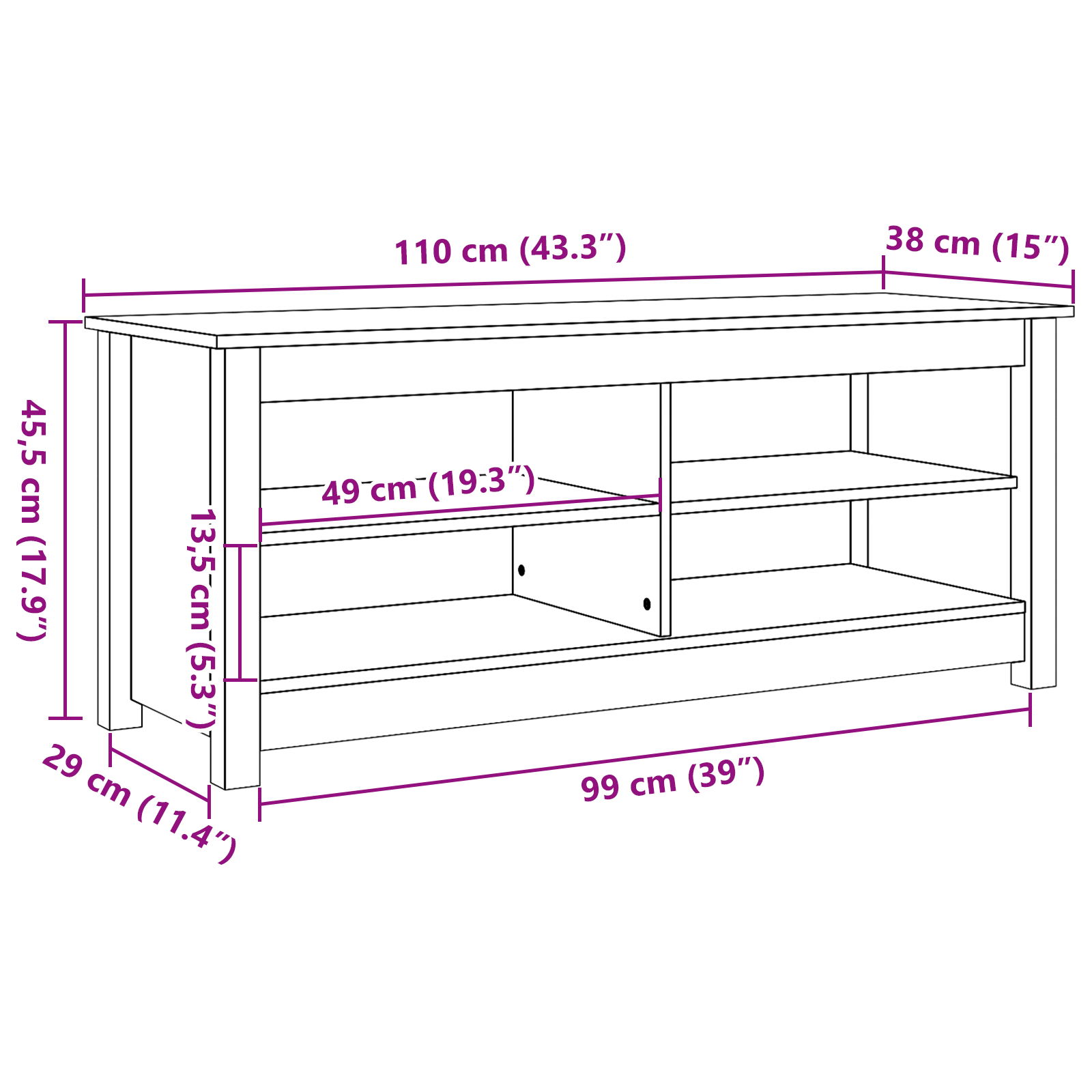 Schoenenbank Wasbruin 110 x 38 x 45.5 cm Massief grenenhout