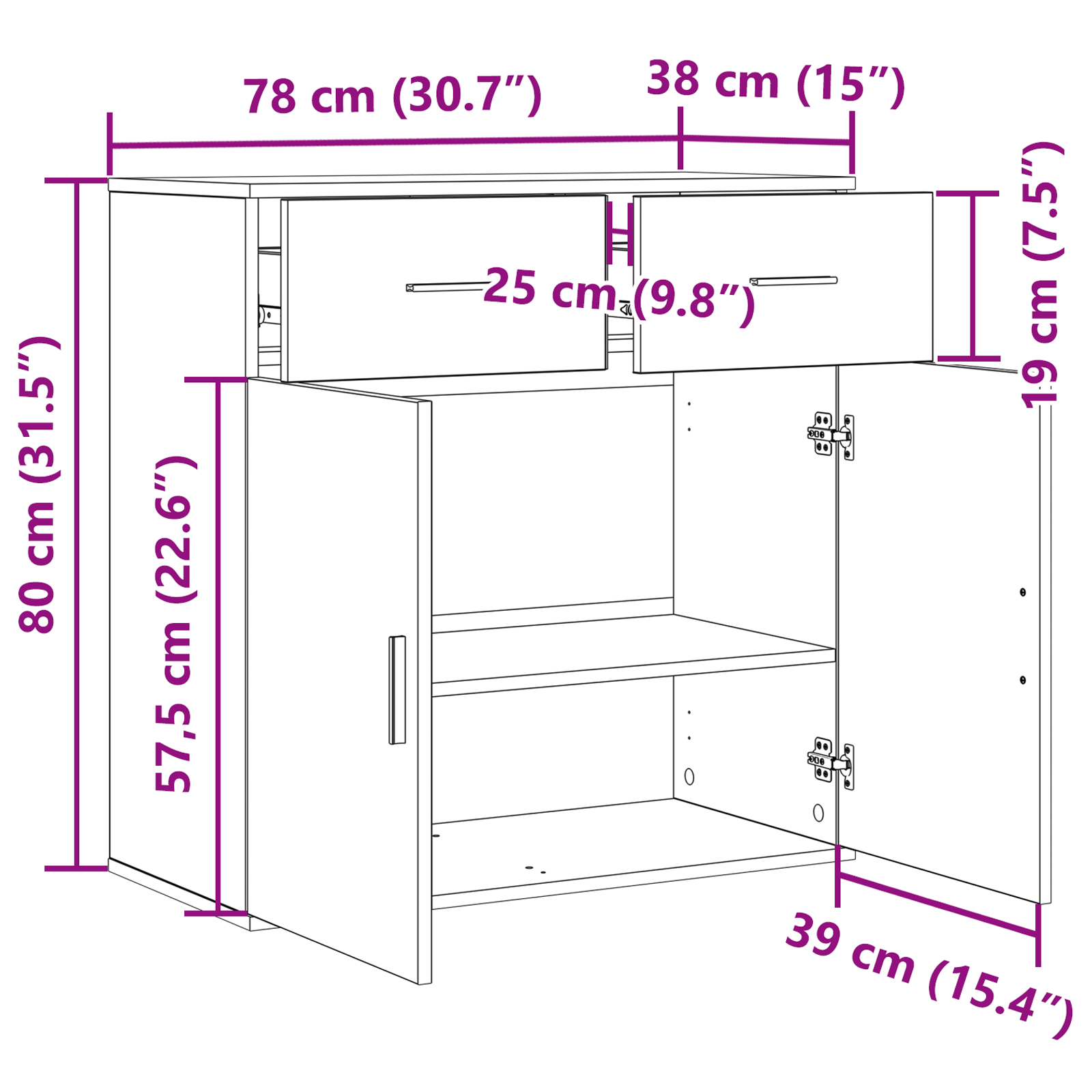 Dressoir met lade met plank met opslag met de deur Zwart eiken 79 x 38 x 80 cm Bewerkt hout