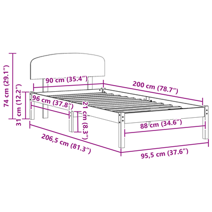 Bedframe met hoofdbord Gewaxte Bruine 90x200 cm van Massief Vurenhout