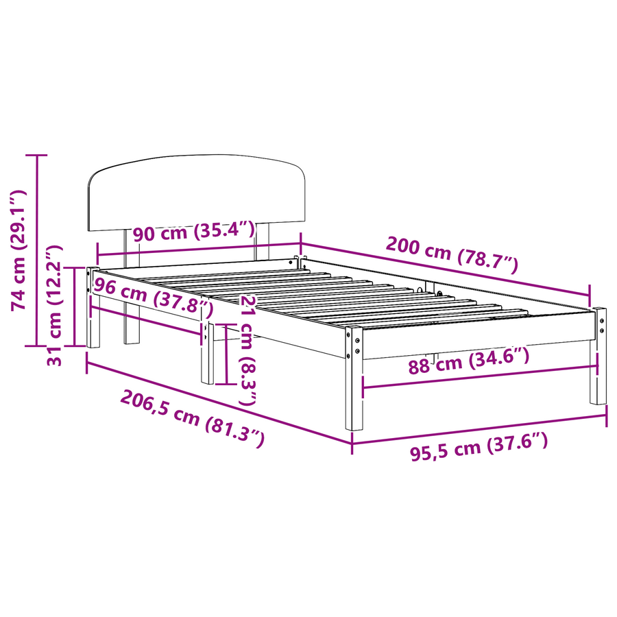 Bedframe met hoofdbord Gewaxte Bruine 90x200 cm van Massief Vurenhout