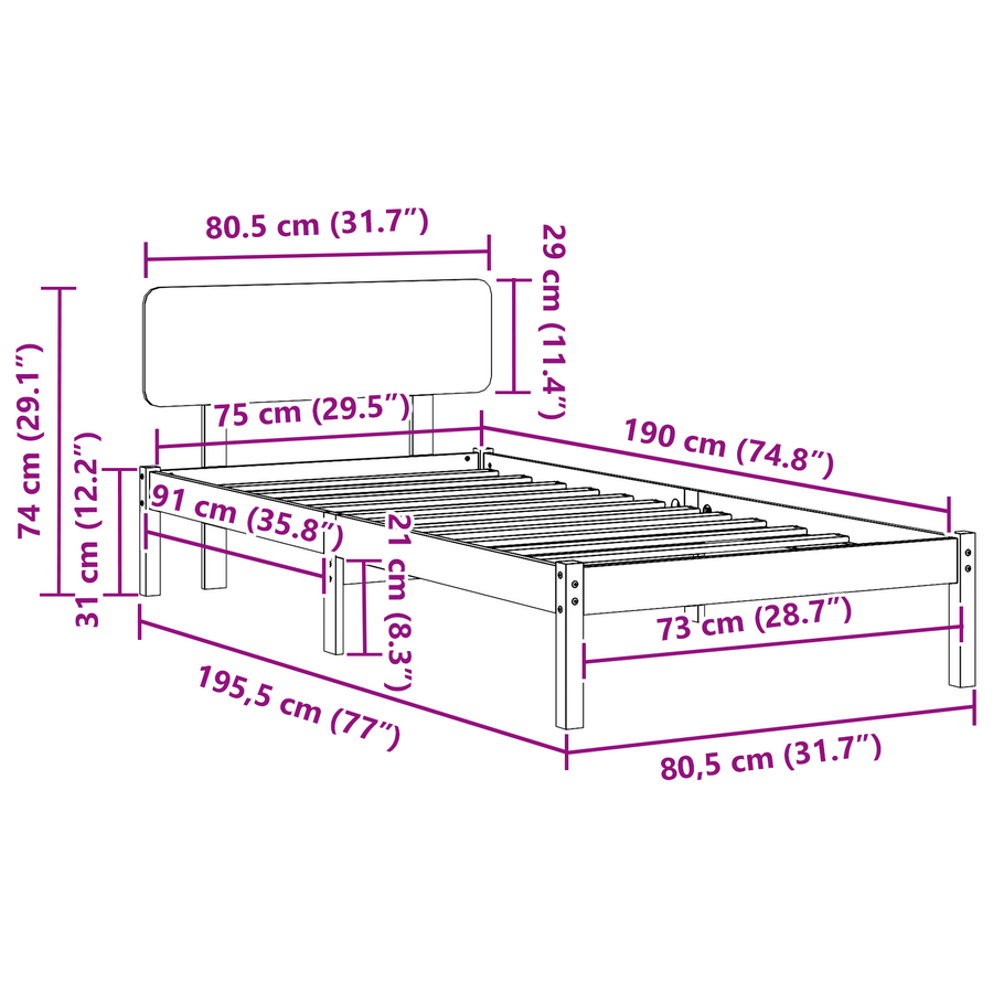 Bedframe met hoofdbord Wit 75x190 cm Massief grenenhout