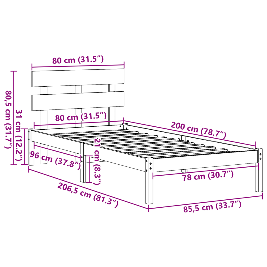 Bedframe met hoofdbord 80x200 cm van massief grenenhout