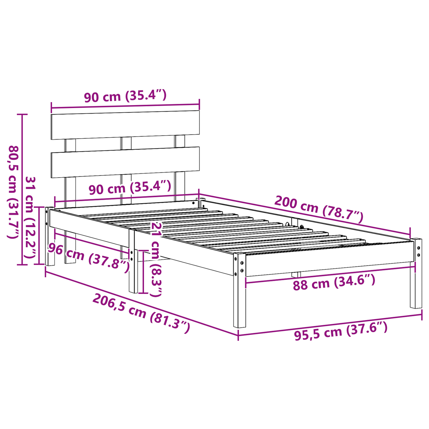 Bedframe met Hoofdbord 90x200 cm van Massief Grenenhout