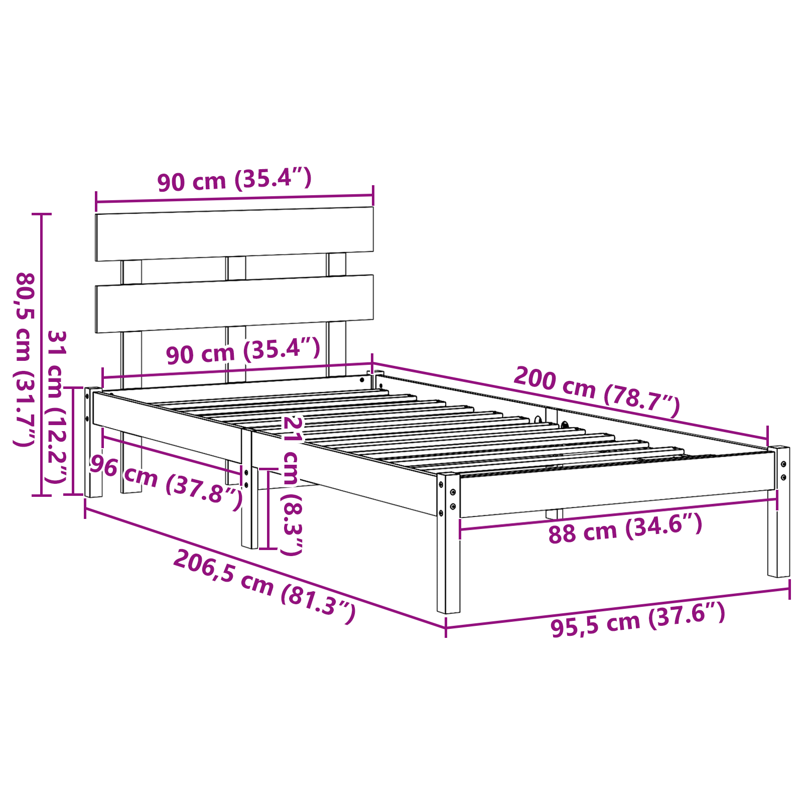 Bedframe met Hoofdbord 90x200 cm van Massief Grenenhout