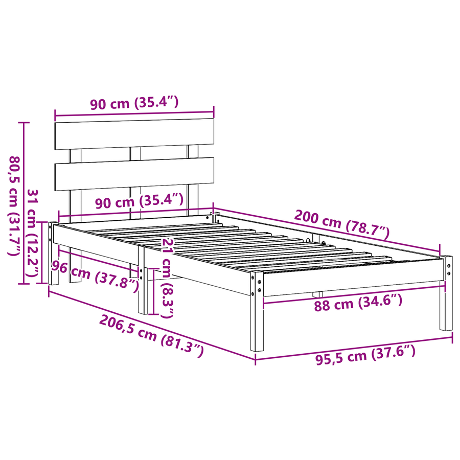 Bedframe met hoofdbord wit 90x200 cm massief grenenhout