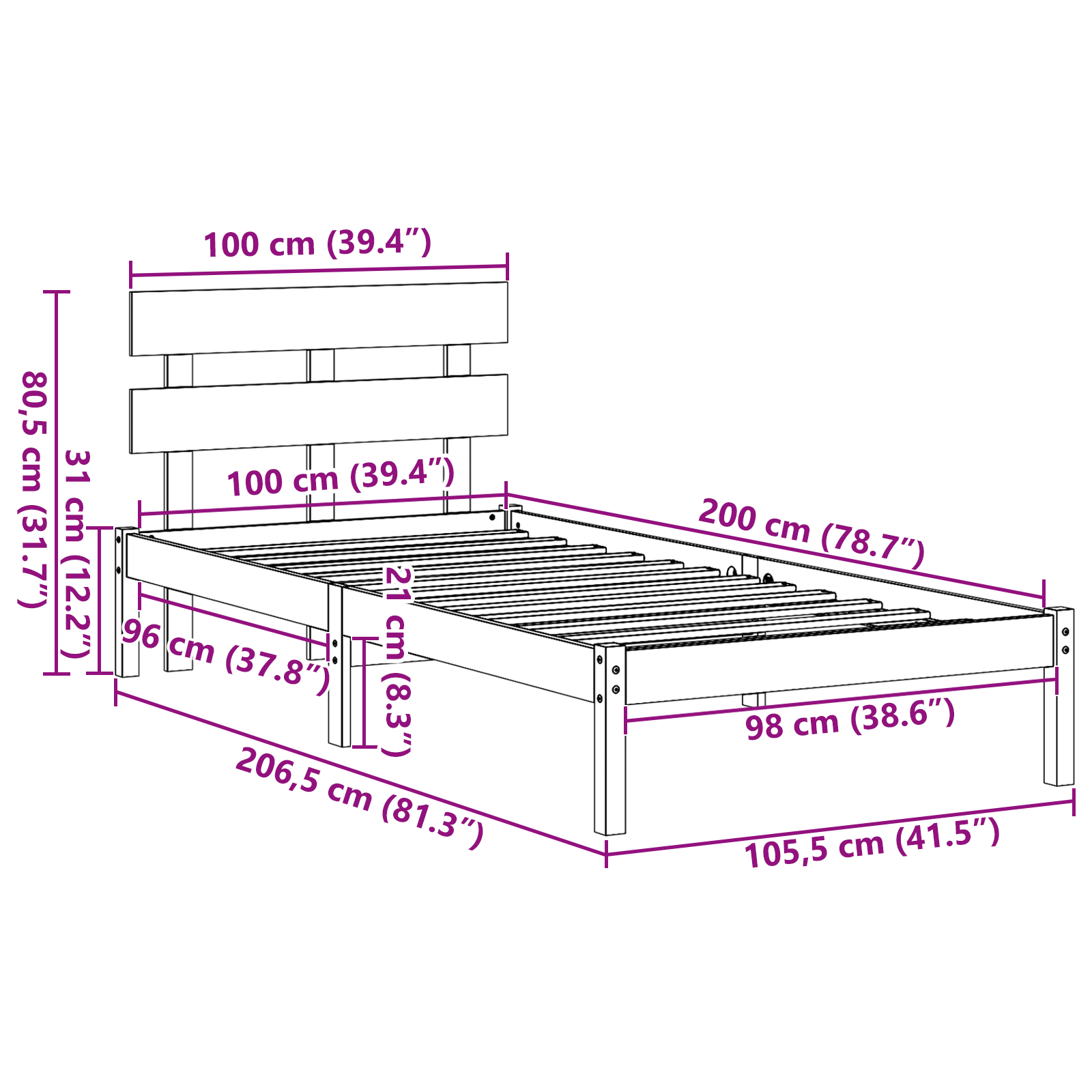 Bedframe met Hoofdeinde Wit 100x200 cm Massief Grenenhout