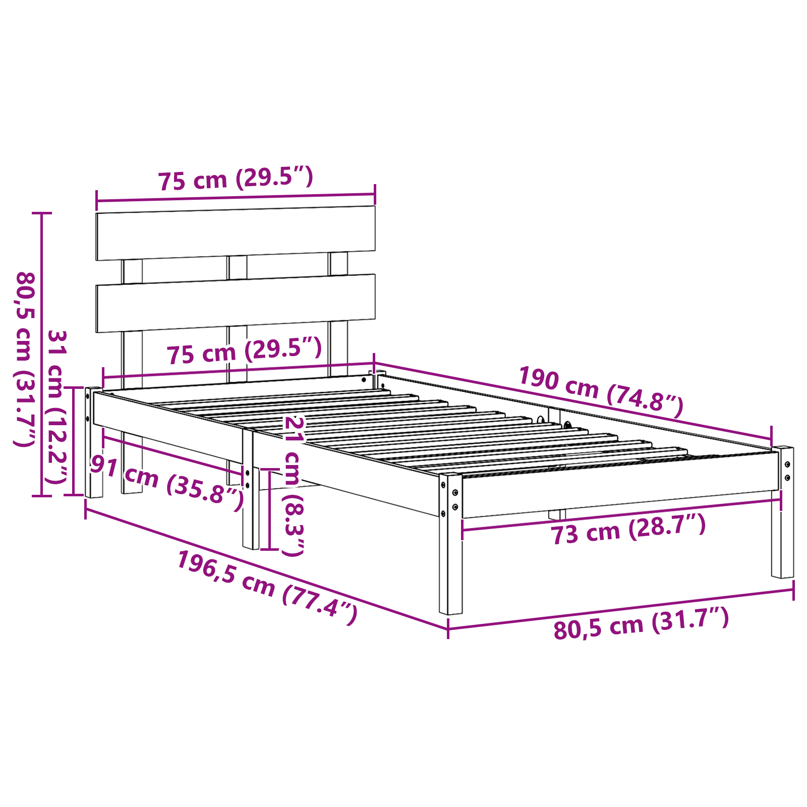 Bedframe met hoofdbord - Wit - 75x190 cm - Massief grenenhout