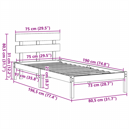 Bedframe met hoofdbord - Wit - 75x190 cm - Massief grenenhout