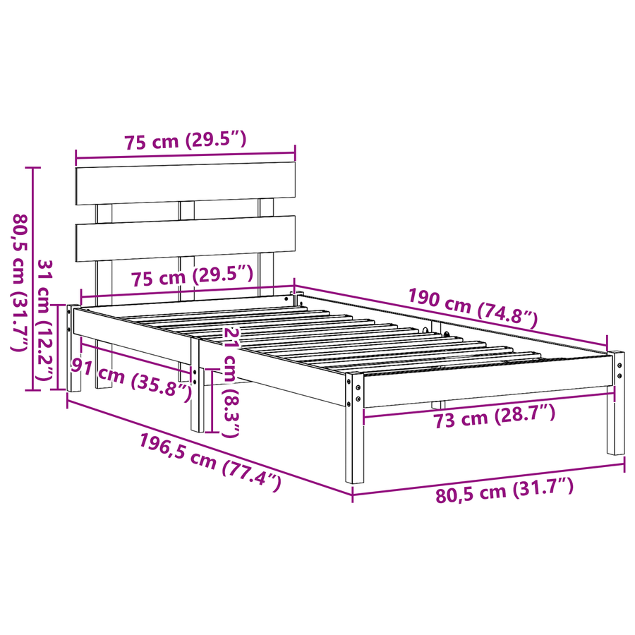 Bedframe met hoofdbord - Wit - 75x190 cm - Massief grenenhout