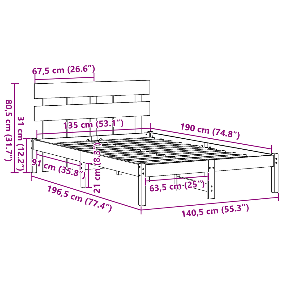 Bedframe met Hoofdbord Wit 135x190 cm van Massief Grenenhout