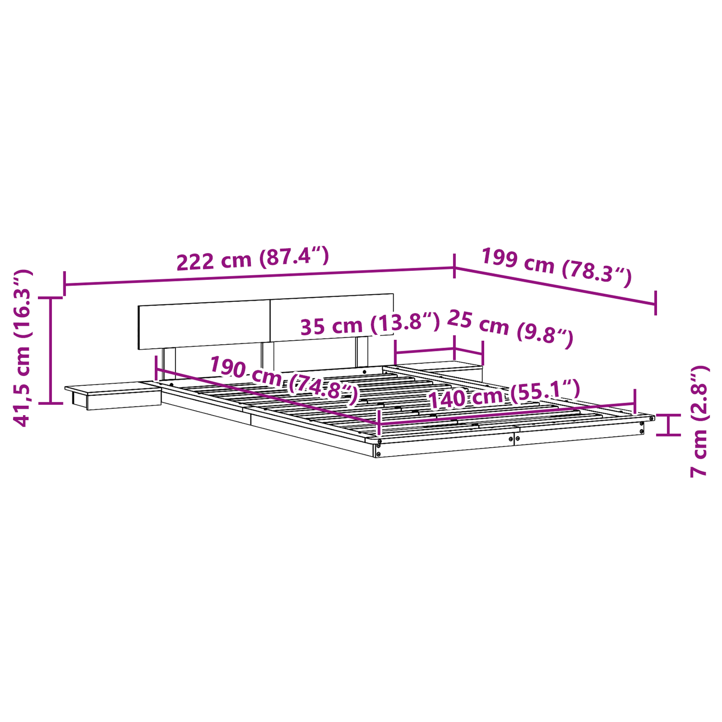 Vloerbedframe met Nachtkastjes Wit 140x190 cm Massief Hout