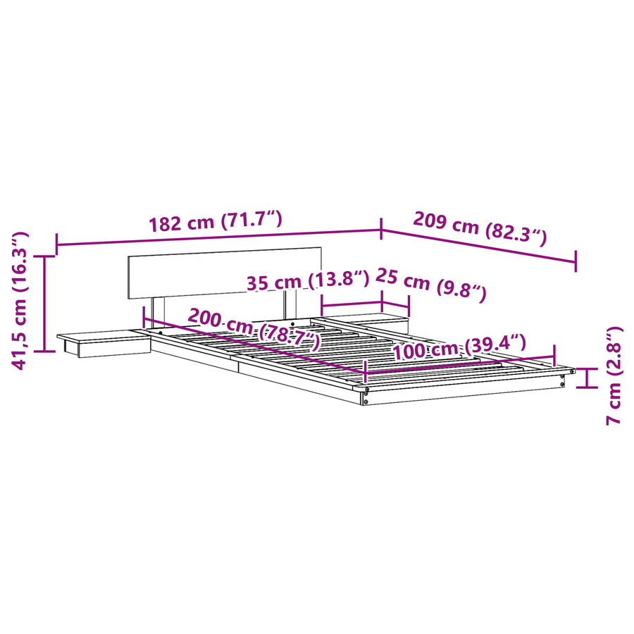 Vloerbedframe met Nachtkastjes Wit 100x200cm Massief Hout