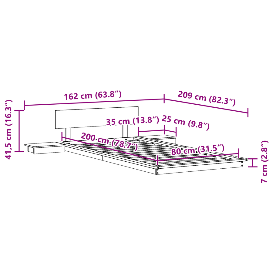 Vloerbed met nachtkastjes, wasbruin, 80x200cm, massief hout