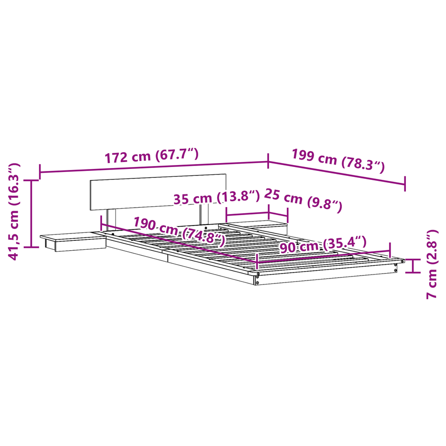 Bedframe met Nachtkastjes 90x190 cm van Massief Hout