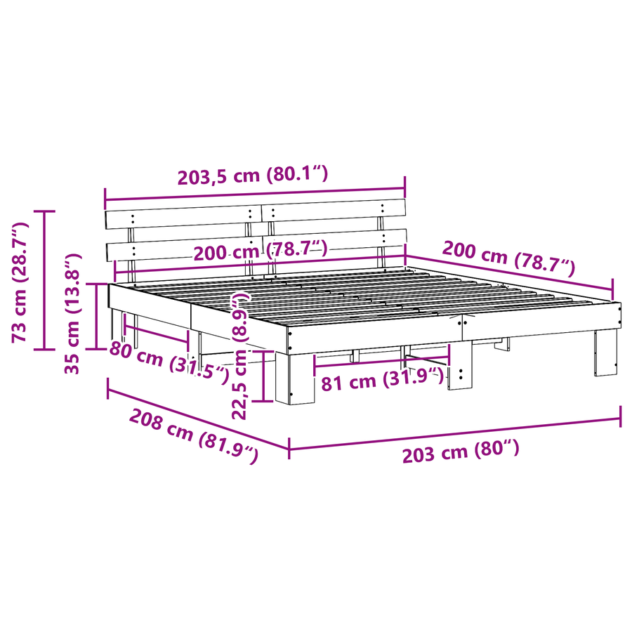 Bedframe met hoofdbord 200x200 cm van massief grenenhout