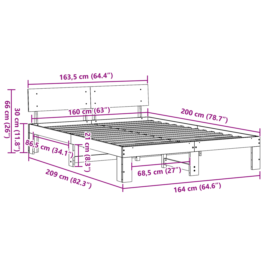 Bedbodem met Hoofdbord Wax Bruin 160x200 cm van Massief Grenenhout