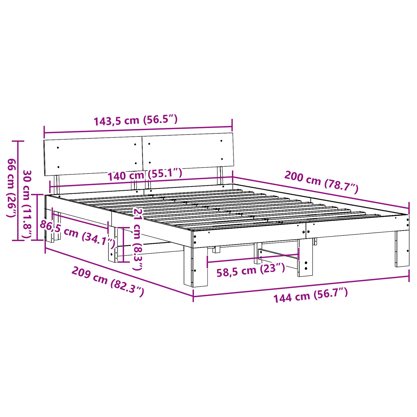 Bedframe met hoofdeinde - Wit - 140x200 cm - Massief grenenhout