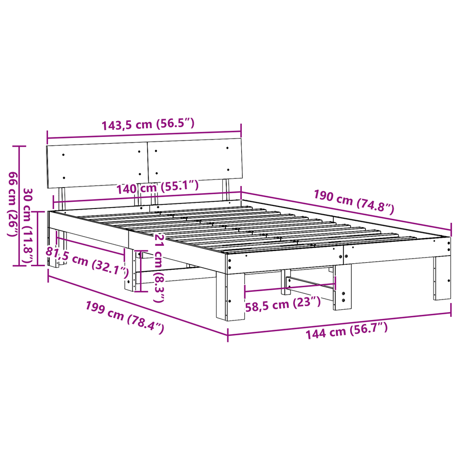Bedbodem met hoofdbord in het wit, 140x190 cm, van massief grenenhout