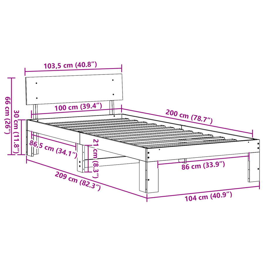 Bedframe met Hoofdbord 100x200 cm van Massief Grenenhout