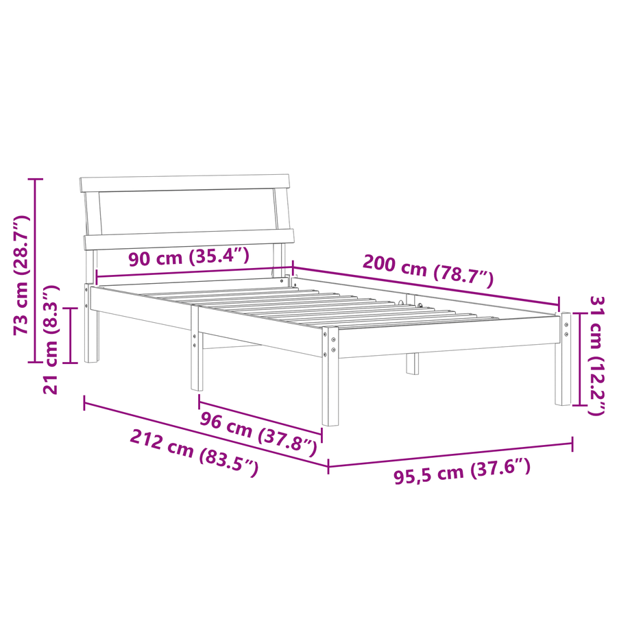 Bedframe met hoofdbord & LED Wit 90x200 cm Massief grenenhout