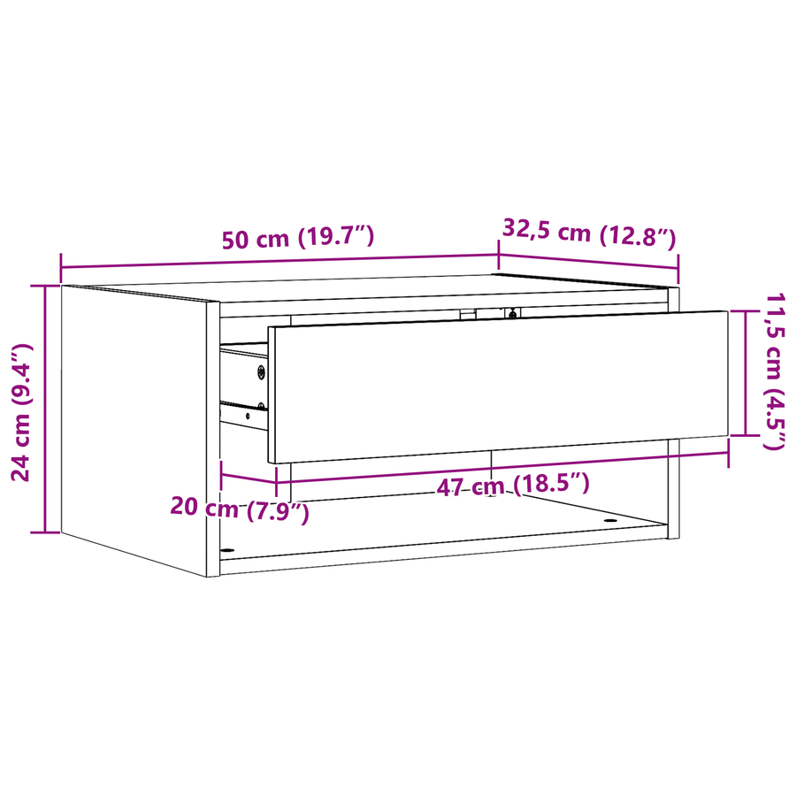 Wandbevestigde nachttafel met lade Wasbruin 50 x 32.5 x 24 cm