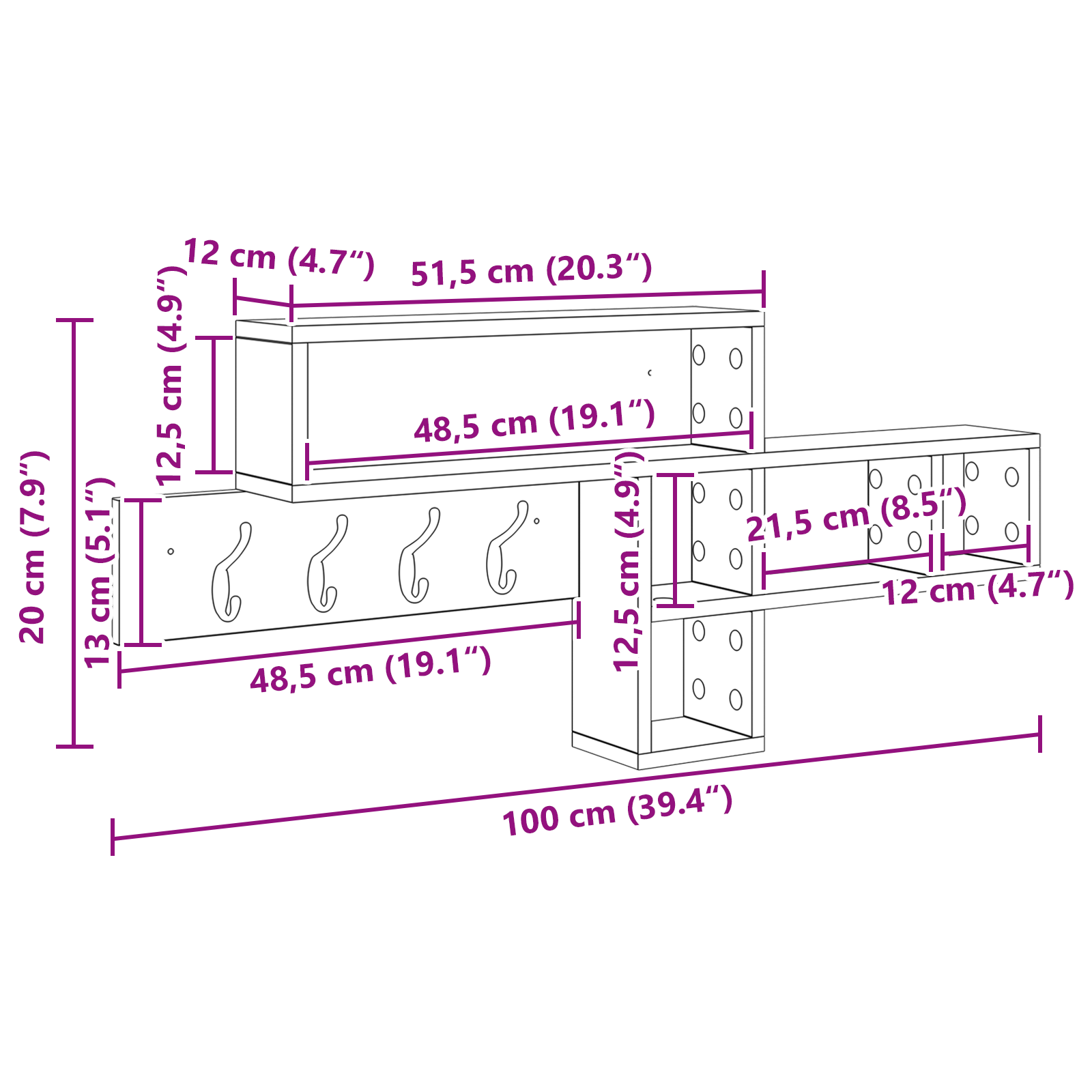 Wandgemonteerde kapstok Zwart eiken 100 x 12 x 43.5 cm
