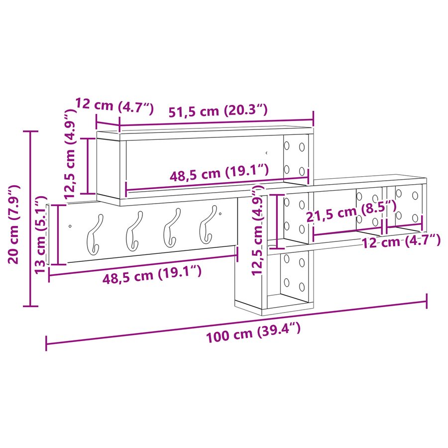 Wandgemonteerde kapstok Zwart eiken 100 x 12 x 43.5 cm
