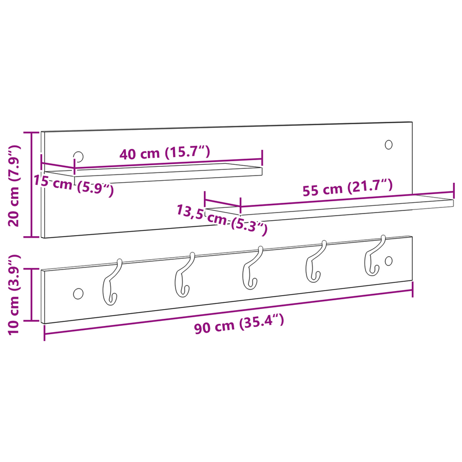 Wandgemonteerde kapstok met plank met opslag Zwart eiken 90 x 15 x 36 cm