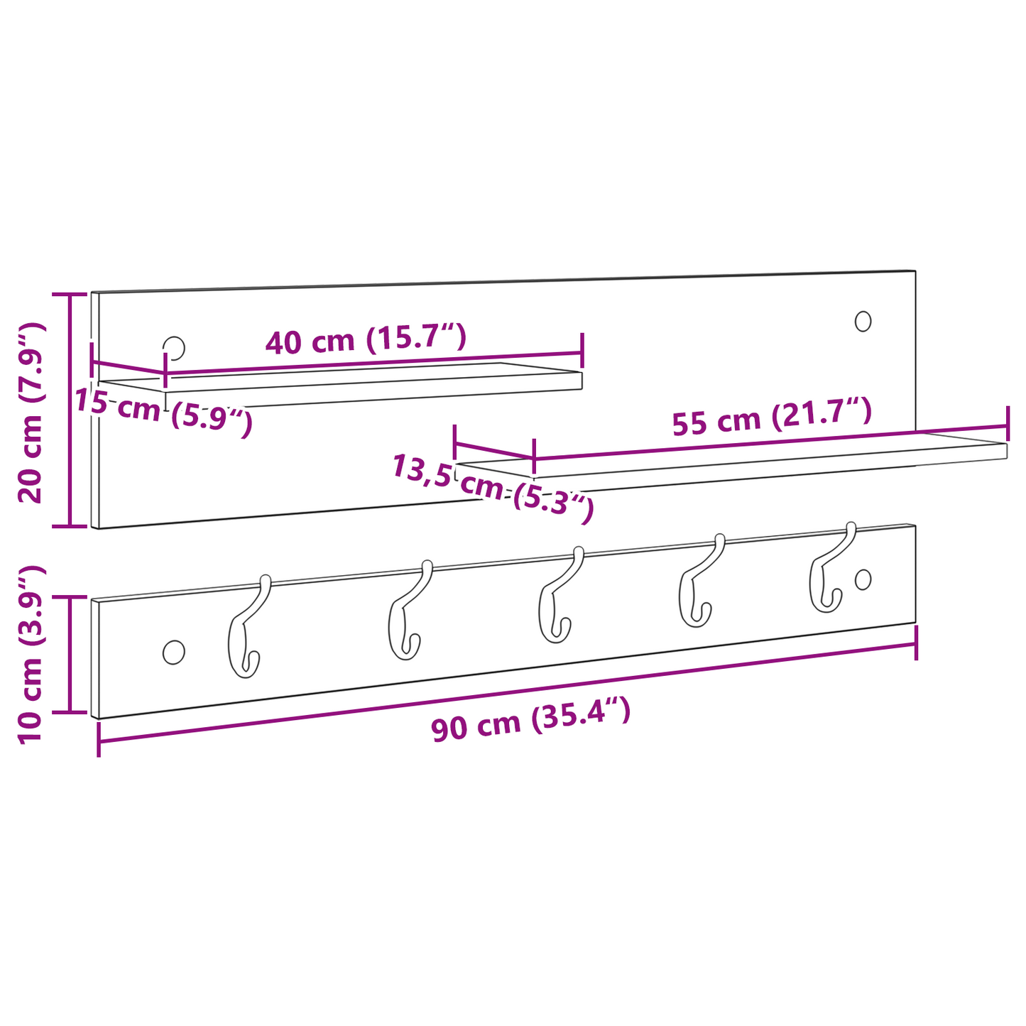 Wandgemonteerde kapstok met plank Gerookt eiken 90 x 15 x 36 cm