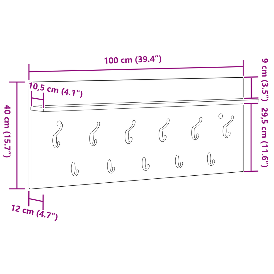 Wandgemonteerde kapstok met plank Sonoma eiken 100 x 40 x 12 cm