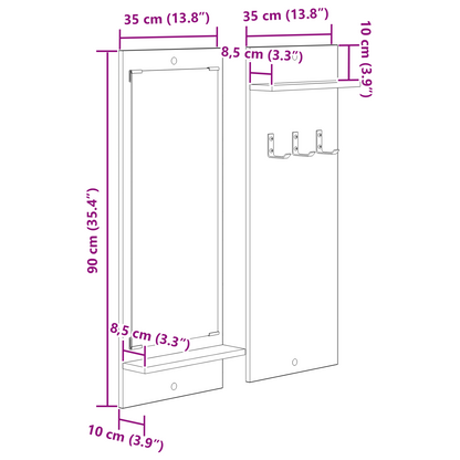 Wandgemonteerde kapstok met plank met opslag met spiegel Zwart eiken 70 x 10 x 90 cm