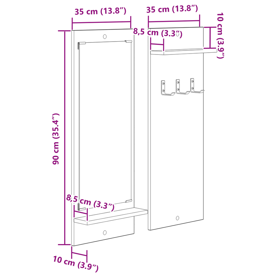 Wandgemonteerde kapstok met plank met opslag met spiegel Zwart eiken 70 x 10 x 90 cm