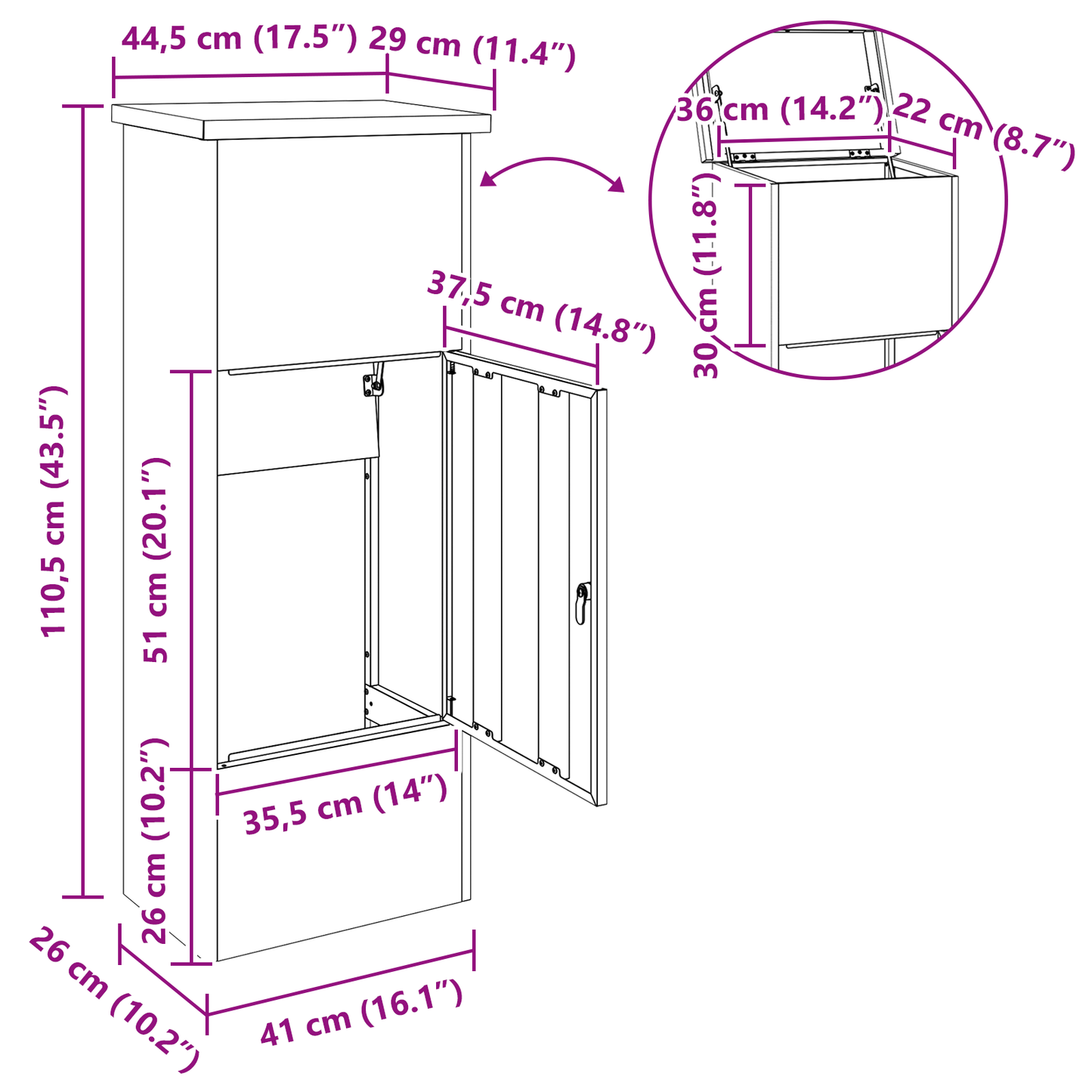Pakket inwerp box Antraciet 44.5 x 29 x 110.5 cm Staal