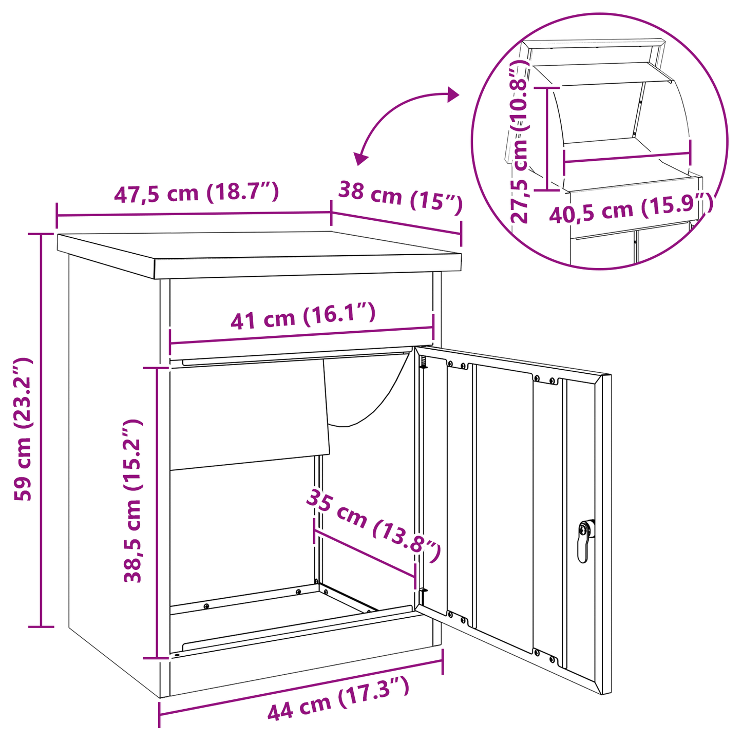 Pakket inwerp box Zwart 44 x 35 x 59 cm Roestvrij staal