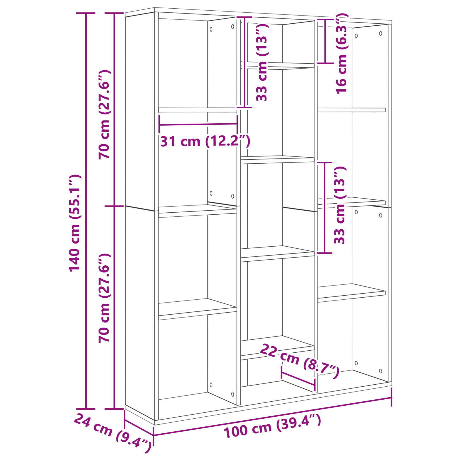 Kamerscherm Zwart eiken 100 x 24 x 140 cm Bewerkt hout
