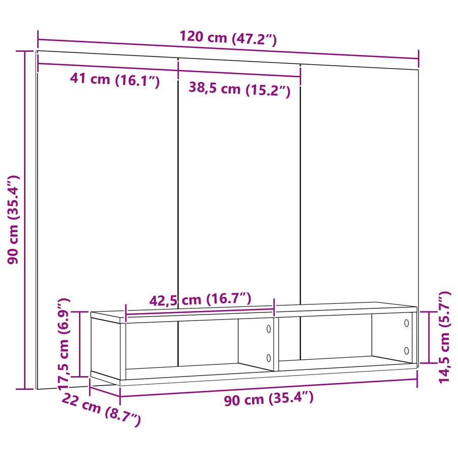 Wand TV Kast Zwart eiken 120 x 23.5 x 90 cm Bewerkt hout