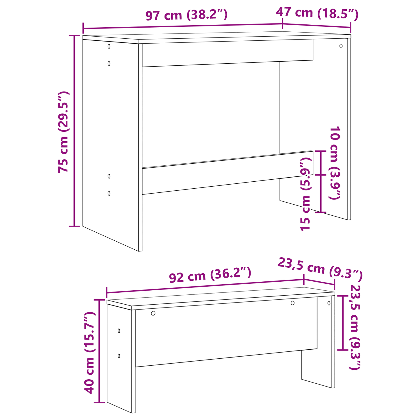 Eetkamerset 2 pcs Zwart eiken 97 x 47 x 75 cm Bewerkt hout